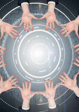 Hands in circle around technology user interface 写真素材