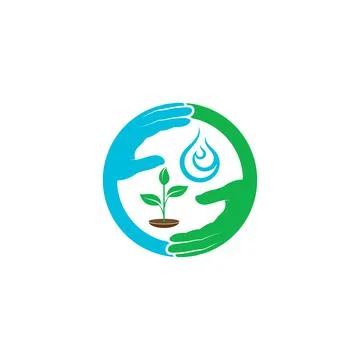 Hands in circle shape with sapling and water drop in the middle. Vector symbol Stock Illustration