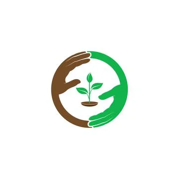 Hands in a circle shape with sapling in the middle. Vector symbol Stock Illustration