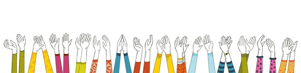 Hands clapping, doodle arm waving and thumbs up support. Applause hand, people Stock Illustration