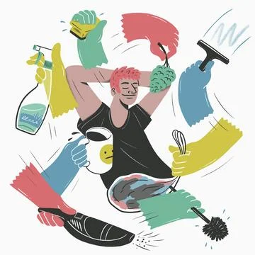 Hands cleaning and doing chores around carefree man relaxing Stock Illustration