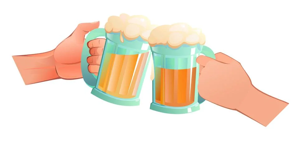 Hands with clinking beer glasses. Object isolated on white background. Funny  Stock Illustration