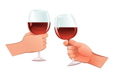 Hands with clinking red wine glasses. Object isolated on white background. Fu Stock Illustration