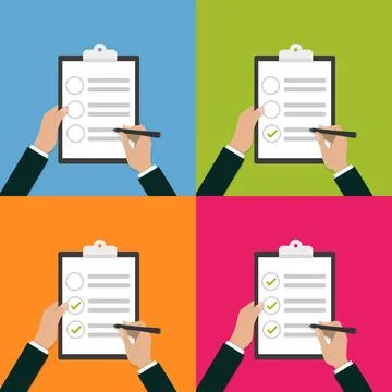 In hands clipboard checklist with pen in flat design Stock Illustration