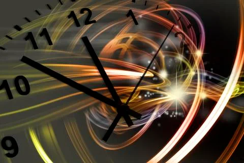 Hands of clock pointing to twelve, space background Stock Illustration