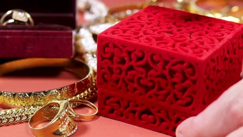 Hands close a Engagement Ring In Red Velvet Box Held During Romantic Proposal Stock Footage 331592181