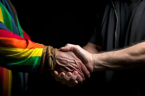 Hands close-up holding a rainbow flag. LGBT love concept. Stock Photos