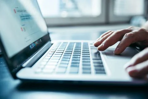 Hands close up on laptop Stock Photos
