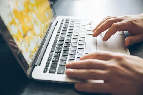 Hands close up on laptop Stock Photos