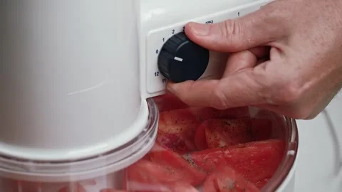 Hands close lid electric vegetable dryer with tomatoes. man turn timer. closeup. Stock Footage 253719012