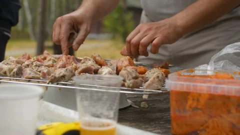 Hands closeup fully covered in marinade preparing BBQ shashlik kebab meat 库存影片 91400695