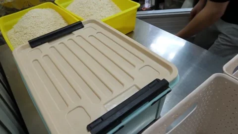 Hands Closing Plastic Storage Bin Lid in Kitchen Pantry 스톡 동영상 343587662