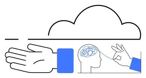 Hands, cloud, human head with tangled thoughts, and hand untangling thread de Stock Illustration