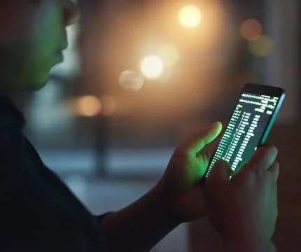 Hands, code and hacker with phone for cyber attack, fraud or data breach with Foto stock