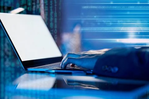 Hands, code and laptop screen, futuristic and programming, software development Foto stock