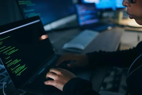 Hands, code and night with laptop typing with cybersecurity, hacker and software Stock Photos