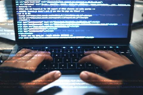 Hands, code overlay and laptop typing with cybersecurity, hacker and software Stock Photos