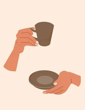 Hands with coffee cup and saucer . Abstract illustration in retro style for Stock-Illustration