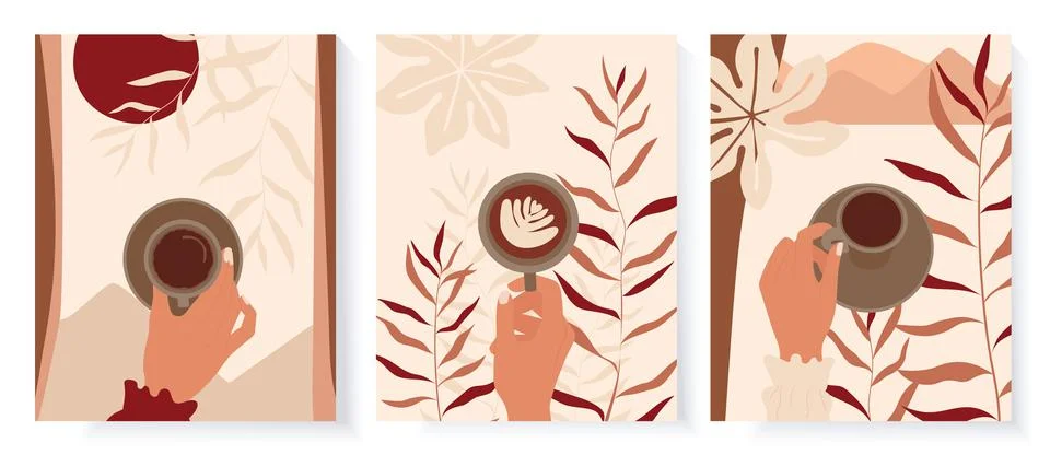 Hands with coffee mug. Abstract posters in minimalist boho retro style. Stock Illustration