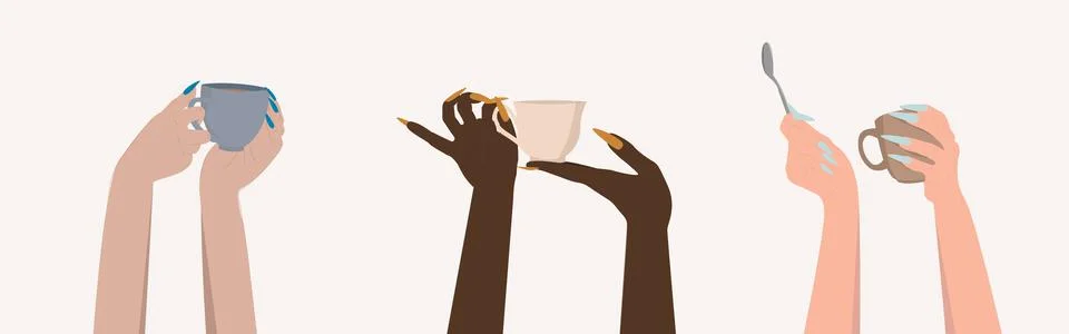 Hands with coffee, tea cups vector illustration. Diverse female hand holding Stock Illustration