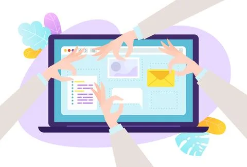 Hands collaborating on a digital tablet interface design. Teamwork in digital Stock Illustration