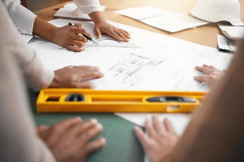 Hands, collaboration and design with a architecture team working in their office Stock Photos