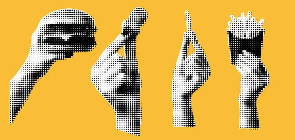 A hands collages elements with a burger and halftone for nuggets and french Stock Illustration