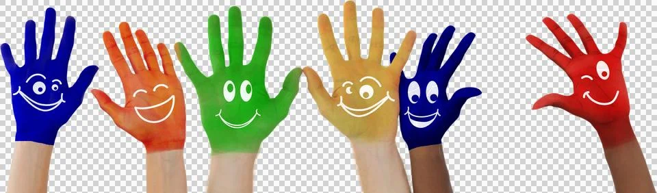 Hands with colourful smiley faces Stock Illustration