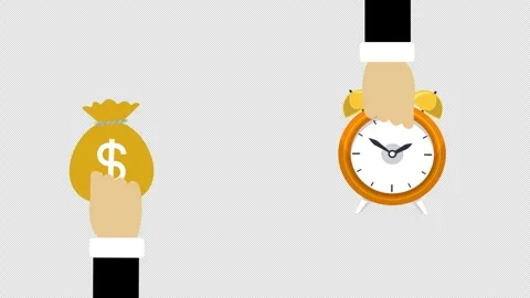 Hands Comparing Money Bag and Alarm Clock Illustrating Time Versus Money Concept Stock Footage 339760321