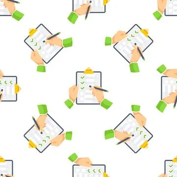 Hands completing checklist on clipboard, seamless pattern background 스톡 일러스트