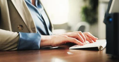 Hands, computer and programmer at office with project, typing and review report Foto stock