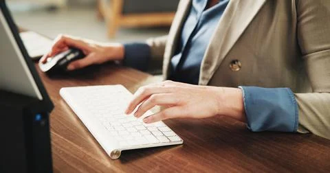 Hands, computer and programmer at office with typing, glasses and review re.. Stock-Fotos