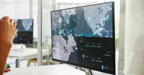 Hands, computer and screen with weather report for climate change, map and Stock Photos