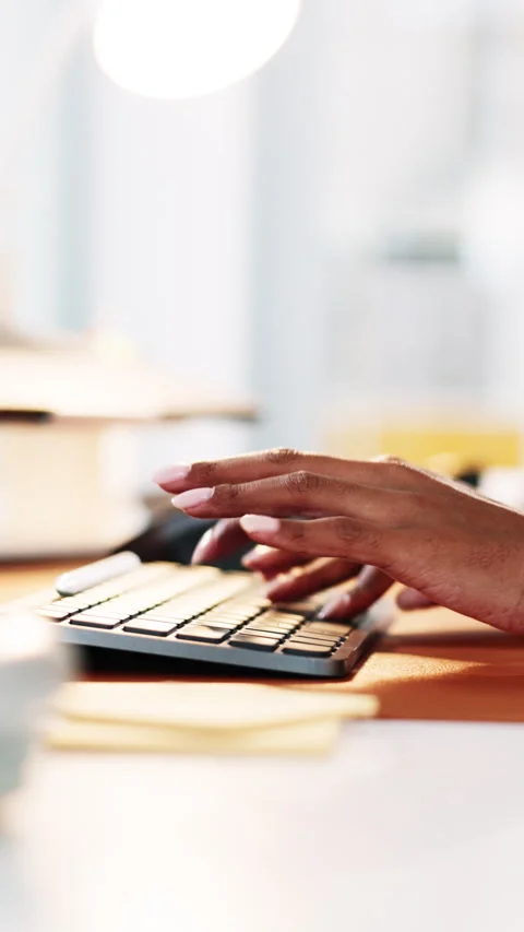 Hands, computer and typing in office for editor, article planning and chat with Stock Footage 333243399