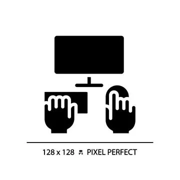 Hands with computer pixel perfect black glyph icon 库存插图