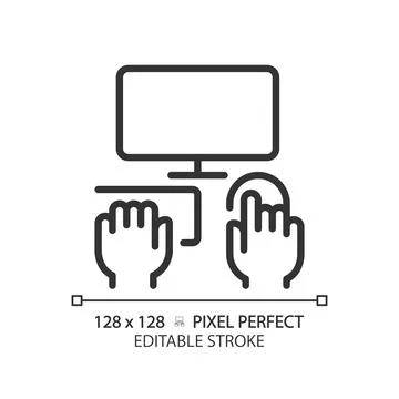 Hands with computer pixel perfect linear icon Stock Illustration