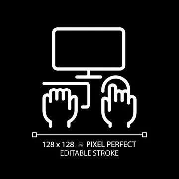Hands with computer pixel perfect white linear icon for dark theme Stock-Illustration