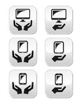Hands with computer, tablet, mobile or cell phone buttons Stock Illustration