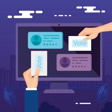 Hands with computer for vote online isolated icon Stock Illustration