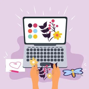 Hands with computer, workshop Stock Illustration
