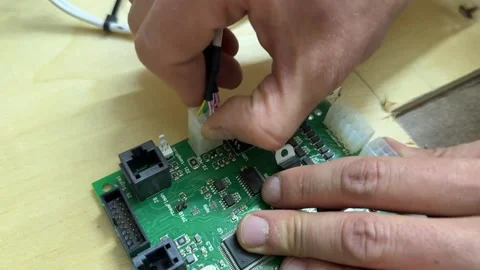 Hands connecting cable to electronic circuit board, technical repair and Stock Footage 337121649