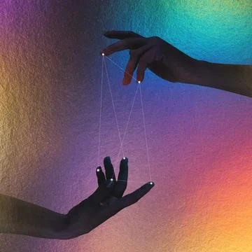 Hands connecting a constellation of glowing points in a cosmic network イラスト素材
