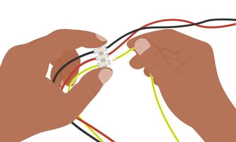 Hands Connecting Electrical Wires to Terminal Block Illustrazione stock