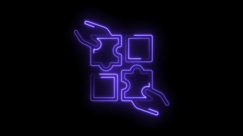 Hands connecting puzzle pieces with neon glow effect on dark background Stock Footage 322963443