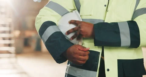 Hands, construction and man with helmet for carpentry, safety compliance and Stock Footage 341310120