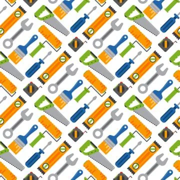 Hands with construction tools seamless pattern background worker equipment house 스톡 일러스트