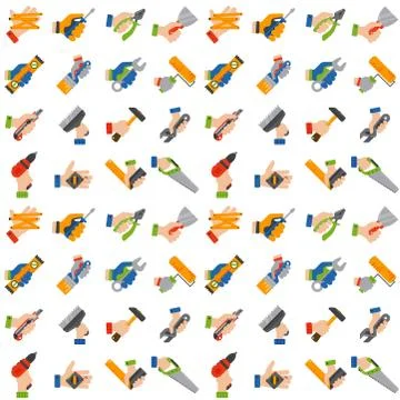 Hands with construction tools seamless pattern background worker equipment house Stock Illustration