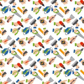 Hands with construction tools seamless pattern background worker equipment house Illustrazione stock