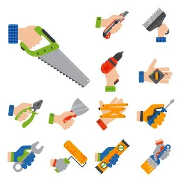 Hands with construction tools worker equipment house renovation handyman vector Stock Illustration