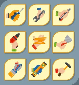 Hands with construction tools worker equipment house renovation handyman vector Stock Illustration